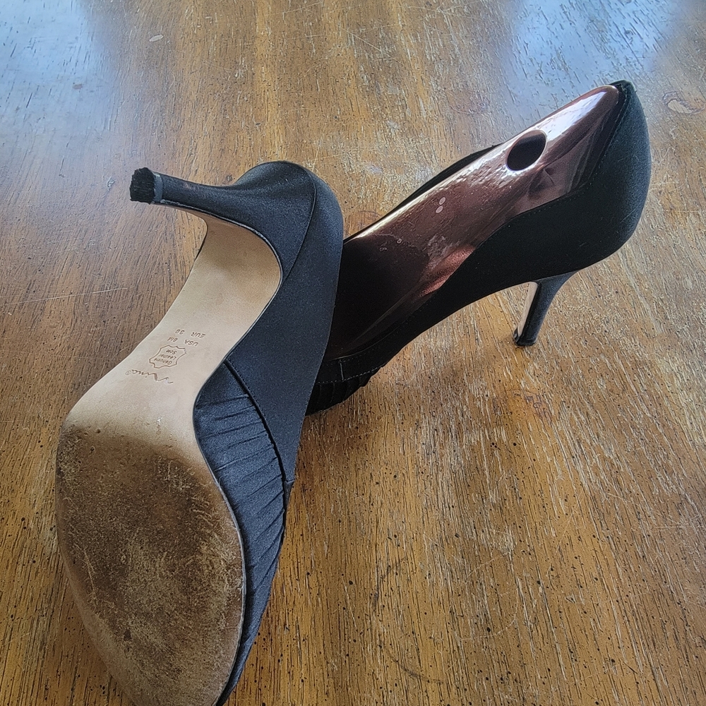 Nina Women's Black Satin Peep Toes High Heels - Size 8M - Picture 3 of 5
